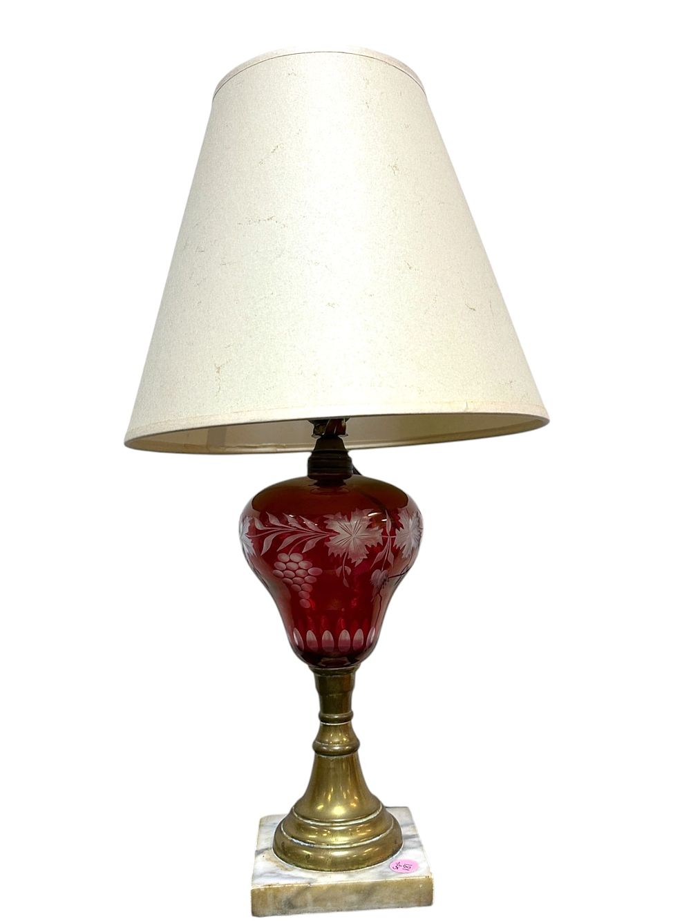 Lot 181: CRANBERRY BOHEMIAN ETCHED GLASS MARBLE BASE LAMP