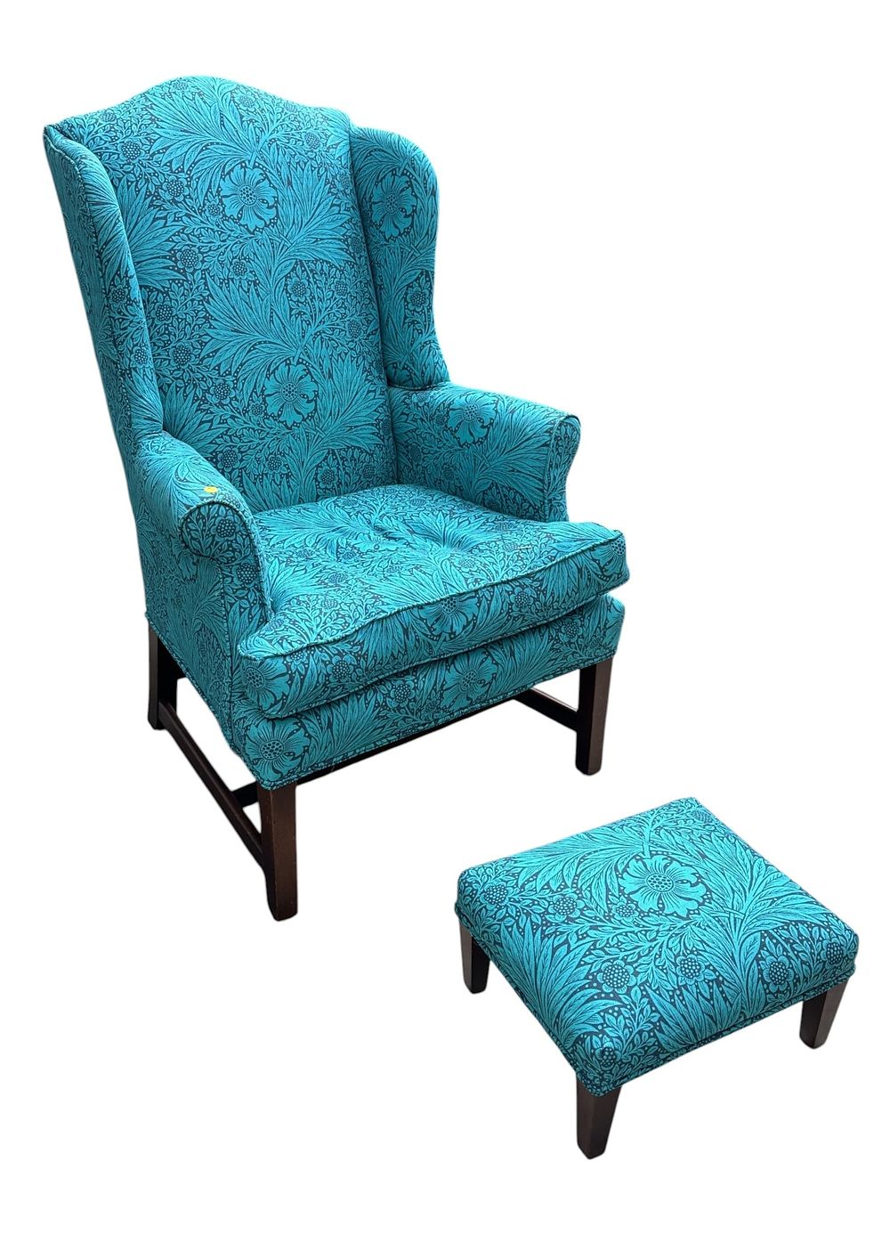 Lot 186: WINGBACK CHAIR WITH MATCHING FOOTSTOOL TURQUOISE
