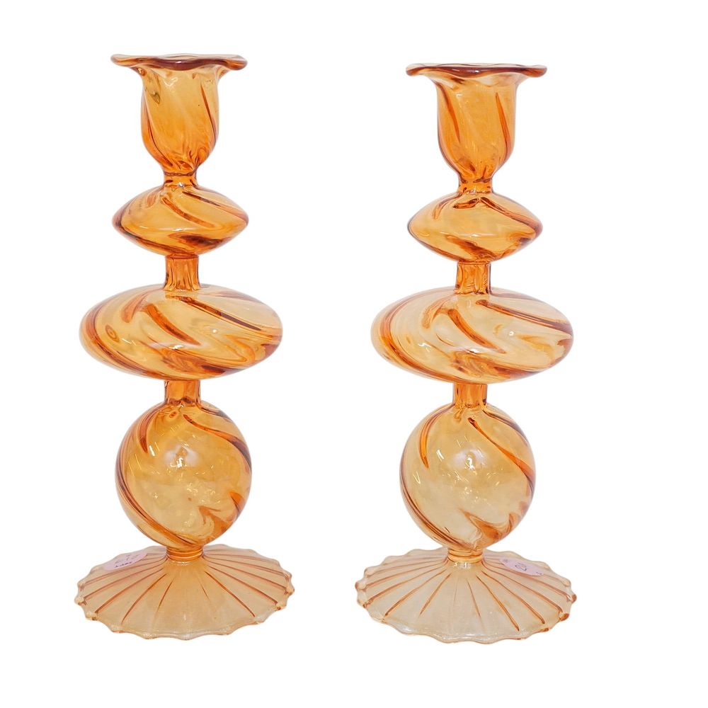 Lot 219: PAIR OF HANDBLOWN SWIRLED GLASS CANDLESTICK HOLDERS