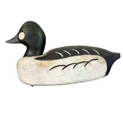 VINTAGE GOLDEN EYE CARVED DECOY BRANDED L S. Vintage Carved Golden Eye Drake Working Decoy 