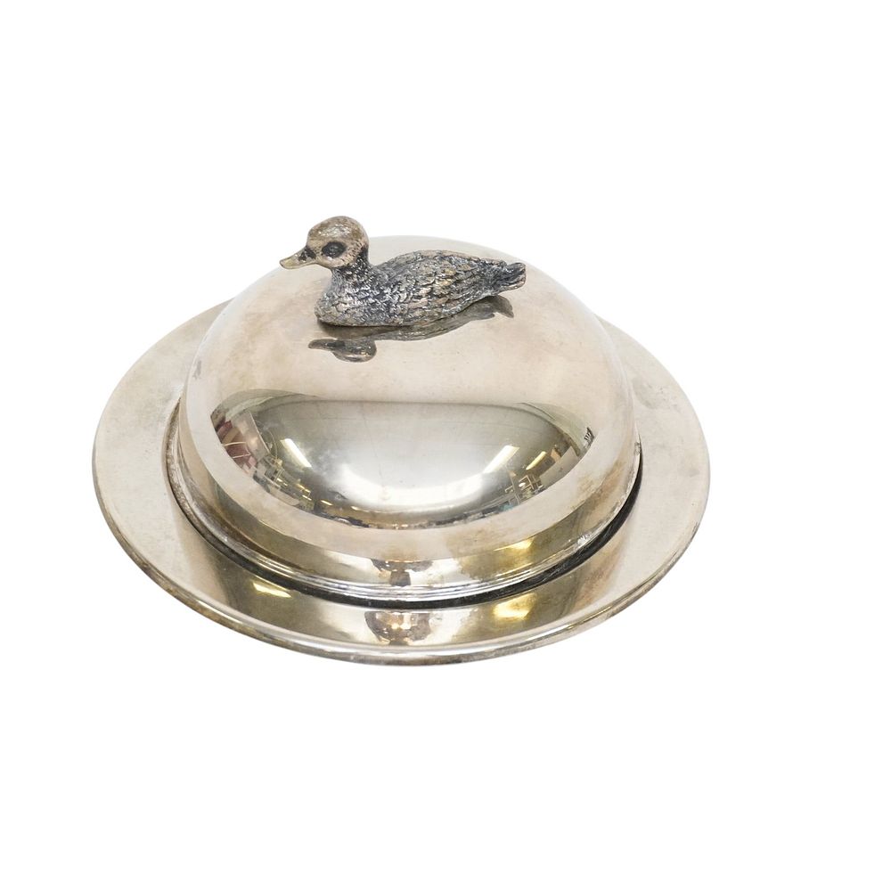 Lot 246: SILVER PLATED COVERED DUCK BUTTER DISH