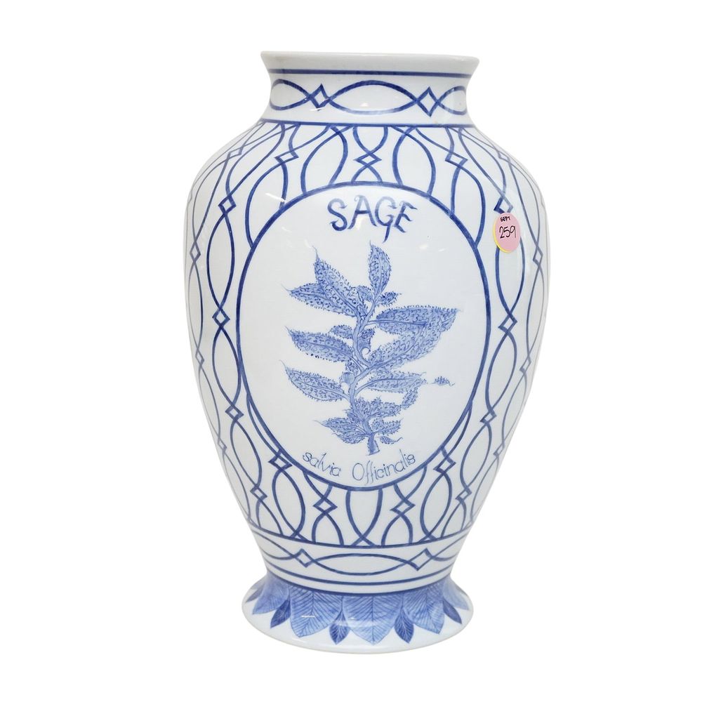 Lot 259: MAITLAND SMITH SAGE APOTHECARY BLUE AND WHITE POTTERY JAR VASE