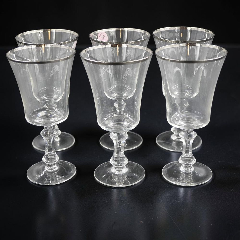 Lot 269: 6 FOSTORIA SHEFFIELD PLATINUM RIM CRYSTAL WINE GLASSES