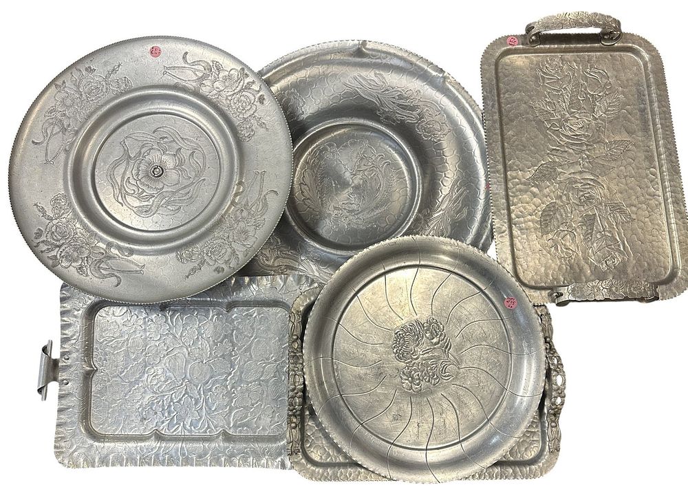 Lot 275: 6 PC MID CENTURY ALUMINUM TRAYS & LAZY SUSAN