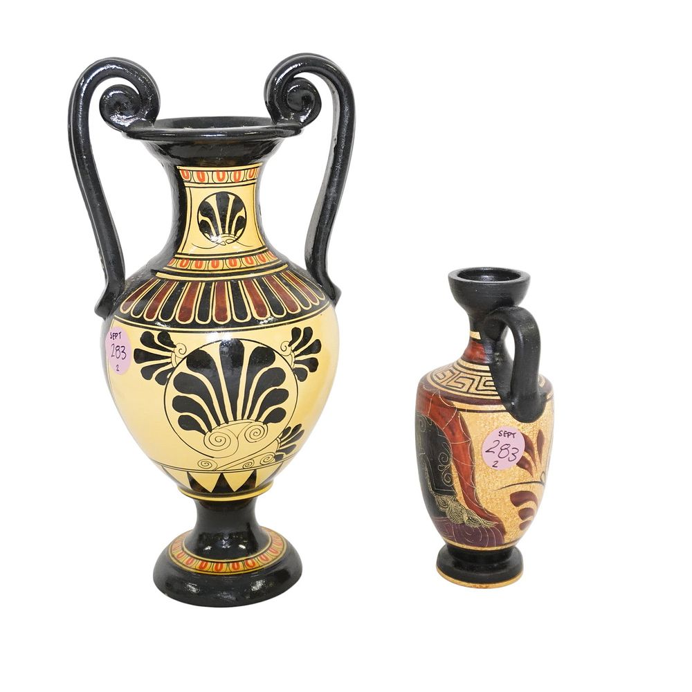 Lot 283: PAIR OF HANDPAINTED GRECIAN URNS