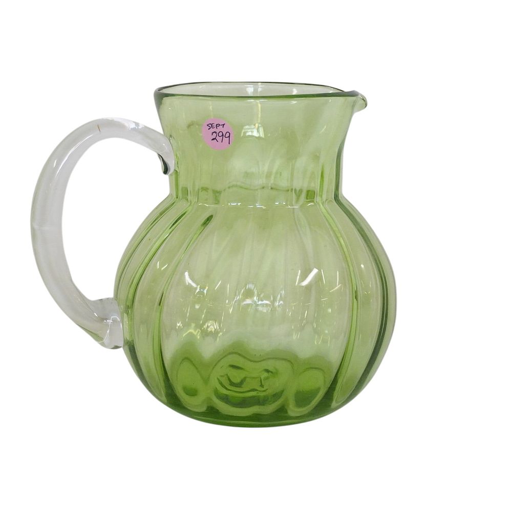 Lot 299: VINTAGE HAND BLOWN GREEN GLASS PITCHER