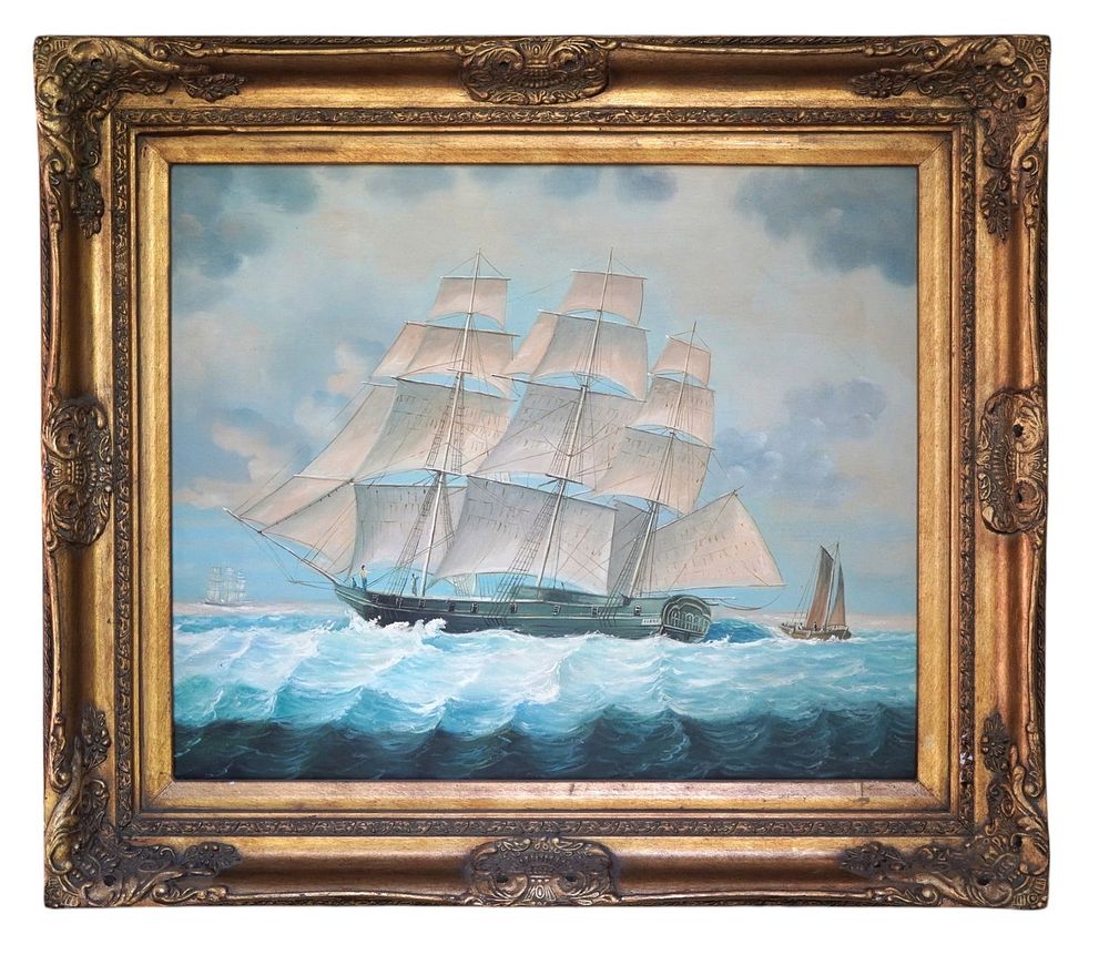 Lot 157: LARGE MARITIME SEASCAPE WITH 3 MASTED CLIPPER SHIP OIL ON CANVAS