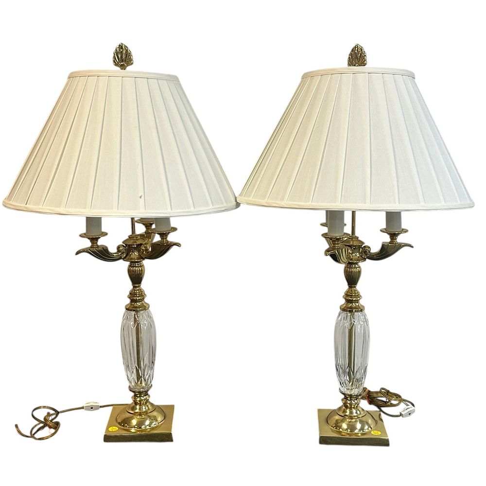 Lot 161: PAIR CRYSTAL & BRASS E LIGHT CANDELABRA TABLE LAMPS