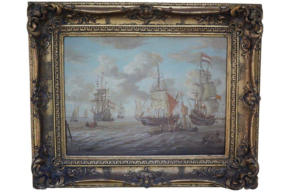Lot 182: DUTCH MARITIME EAST INDIA COMPANY SHIPS OIL IN ANTIQUE FRAME