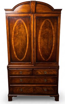 GEORGE III MAHOGANY LINEN PRESS. George III style Linen Press featuring prominent oval flame 