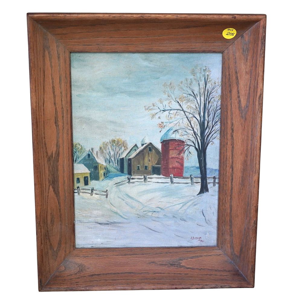 Lot 205: VINTAGE MID CENTURY OIL ON BOARD FARM - F. BISHOP