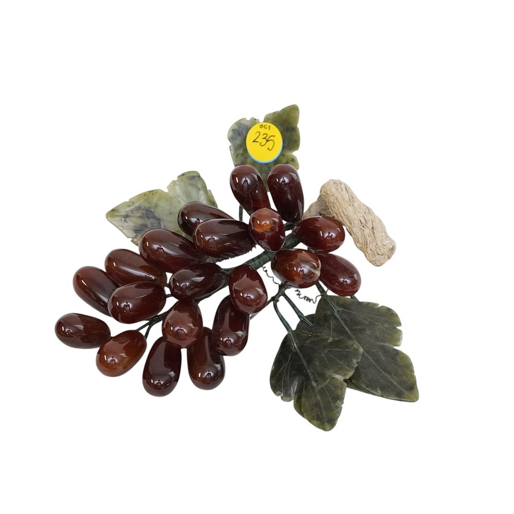 Lot 235: VINTAGE CARNELIAN AGATE AND JADE LEAF GRAPE CLUSTER