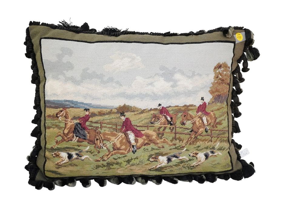 Lot 238: VINTAGE FOX HUNT EQUESTRIAN NEEDLEPOINT PILLOW