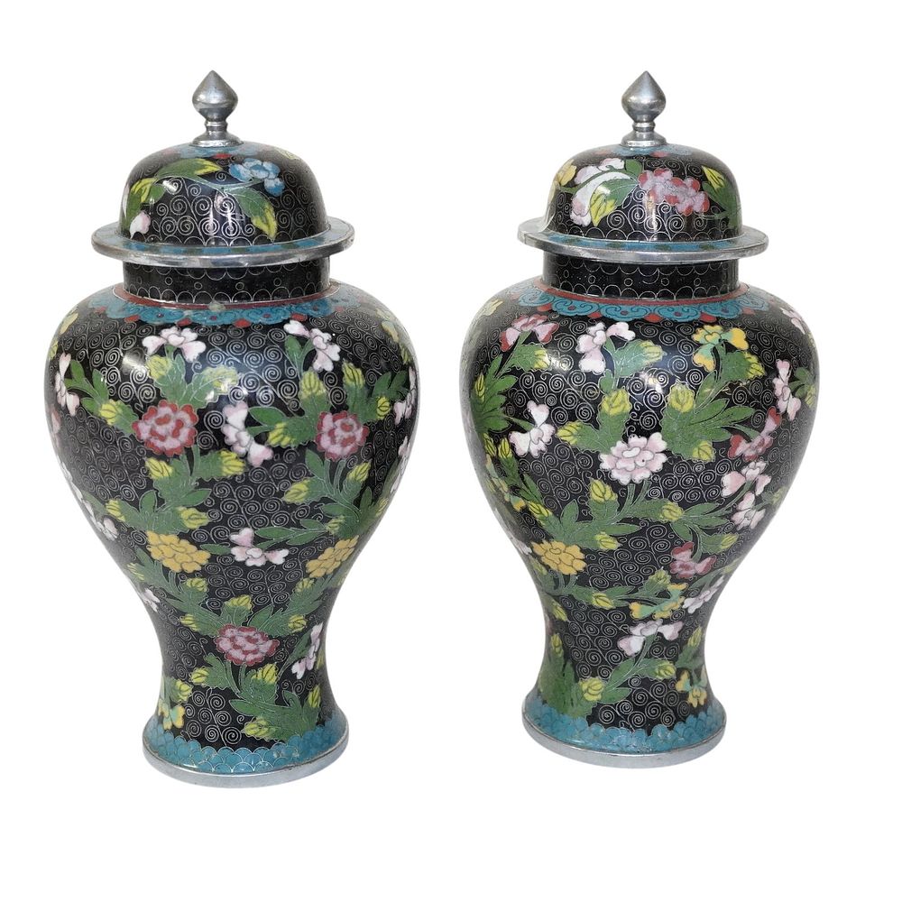Lot 242: PAIR OF VINTAGE BLACK FLORAL CLOISONNE GINGER JARS