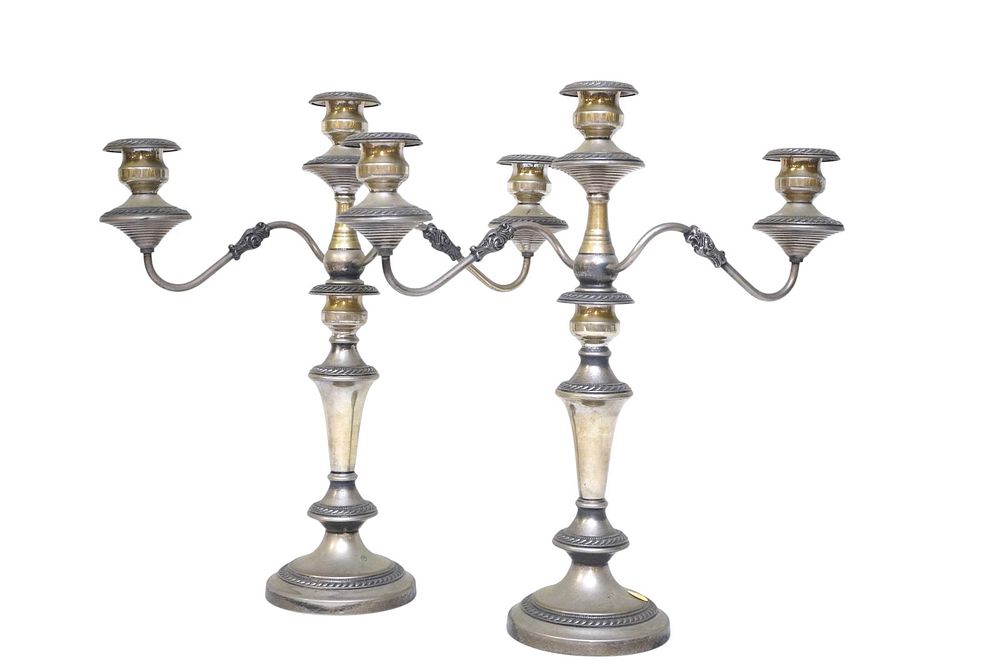 Lot 256: PAIR OF ANTIQUE SILVER PLATE CANDELABRAS