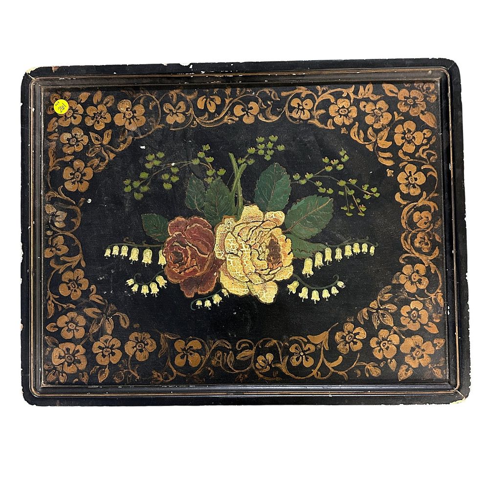 Lot 261: ANTIQUE WOODEN TOLEWARE TRAY