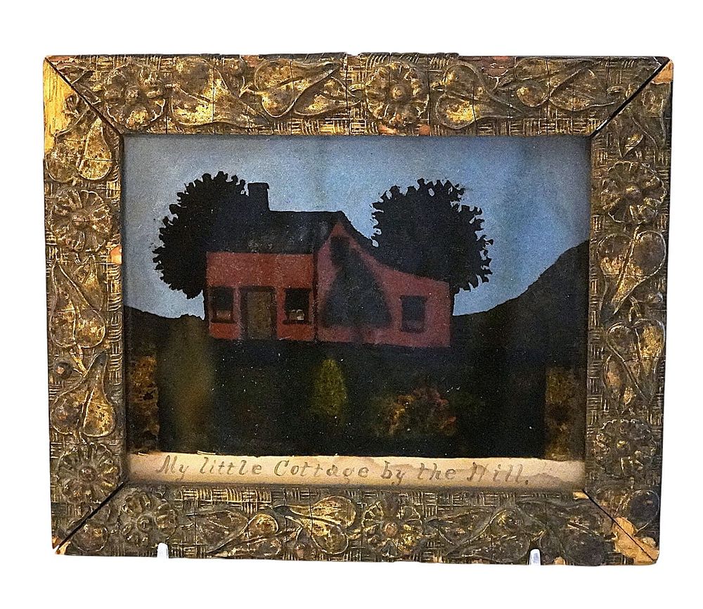Lot 295: ANTIQUE FRAMED AMERICANA FOLK ART "MY LITTLE COTTAGE BY THE HILL"