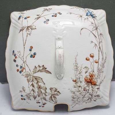 כלי הגשה פורצלן אנגלי עתיק, ג'ון אדוארדס פנטון, דגם מינרבה הדפס פירות יער ועלים