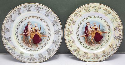 חמישיית צלחות אספנות פורצלן וינטג', ציור רוקוקו של זוג מפואר, גימור זהב פנינה עשיר