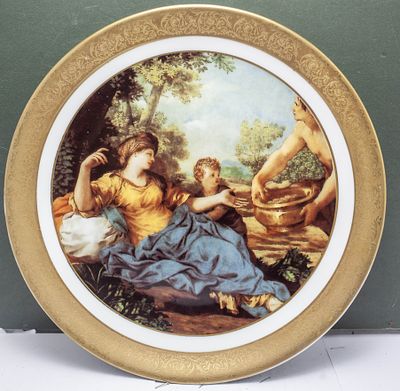 צלחת אספנות עתיקה צבועה ביד, סצנה רומנטית קלאסית, מסגרת זהב 24 קראט יוקרתית