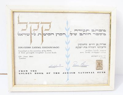 תעודת רישום ב"ספר הזהב" של קק"ל – 1960