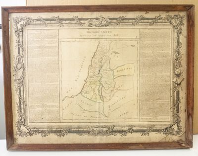 מפת ארץ הקודש ונחלות שבטי ישראל ממוסגרת (Histoire Sainte) רפרודוקציה עתיקה מלווה בטקסט 