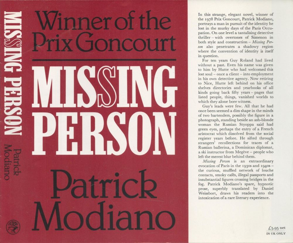 Lot 468: Patrick Modiano Missing Person Publisher Jonathan Cape. Jacket...