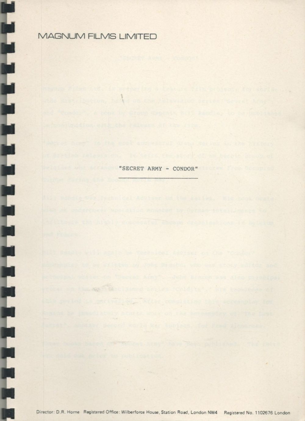 Lot 716: . Magnum Films Ltd. "Secret Army" Condor. Brochure...
