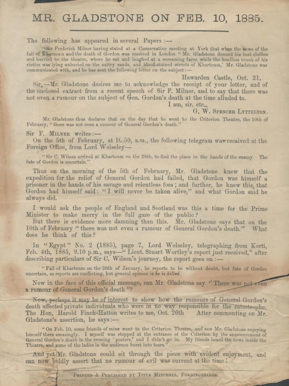 Lot 734: Pamphlet. Mr Gladstone on February 10th 1885. Pamphlet...