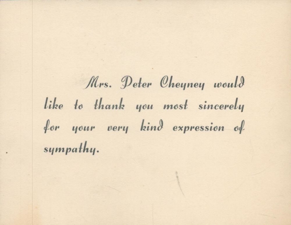 Lot 866: Peter Cheyney Small card from Mrs Peter Cheyney,...