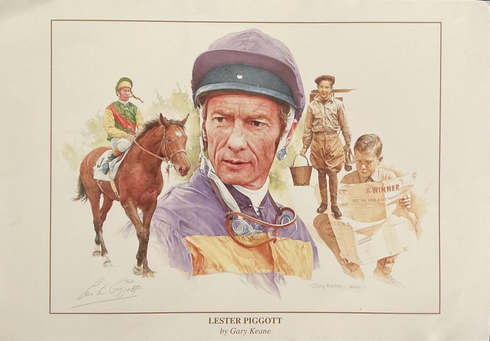 Lot 143: Lester Piggott signed 14x20 colour montage print. Good...