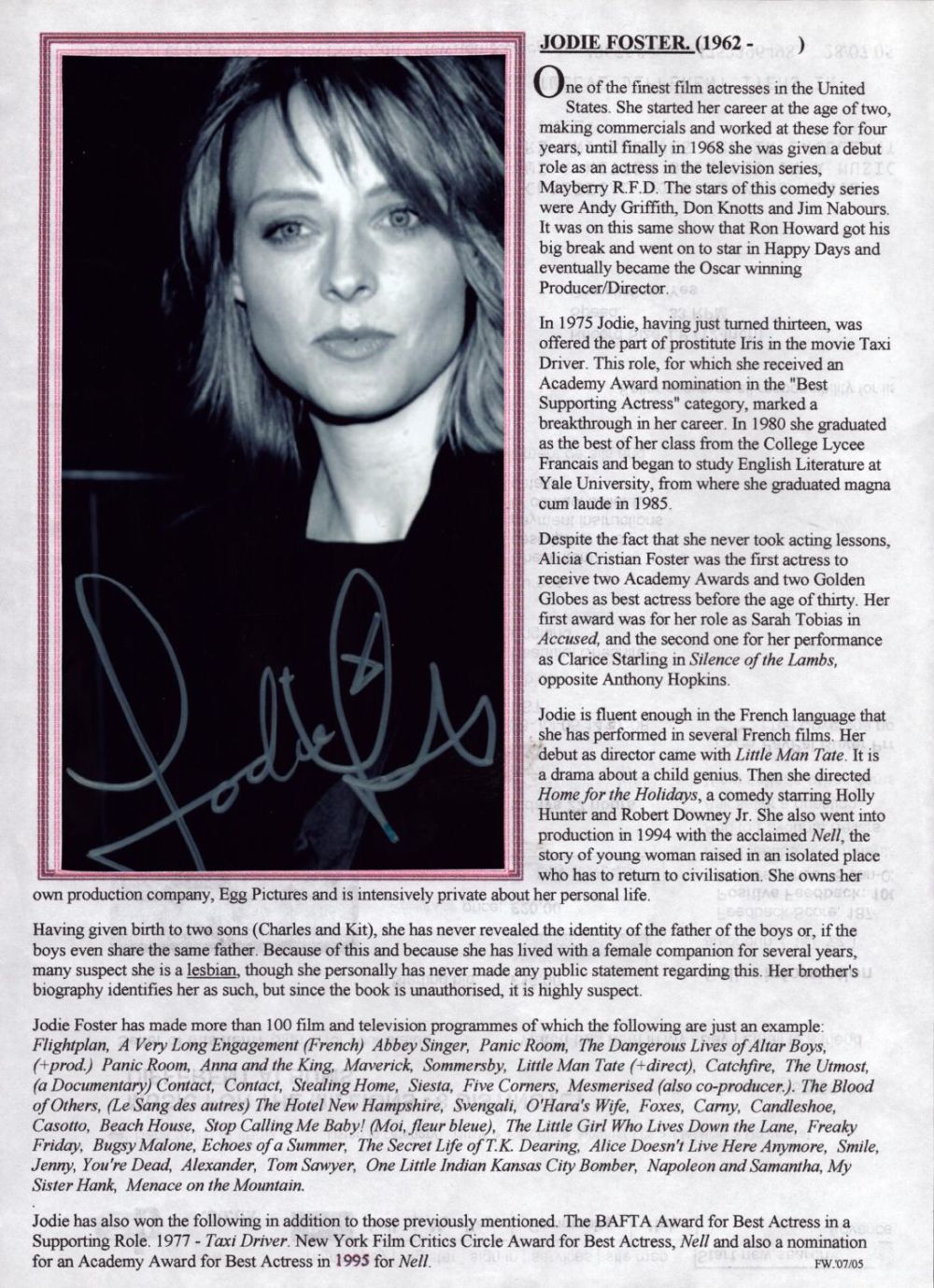 Lot 426: Jodie Foster signed 8x6inch black and white photo...