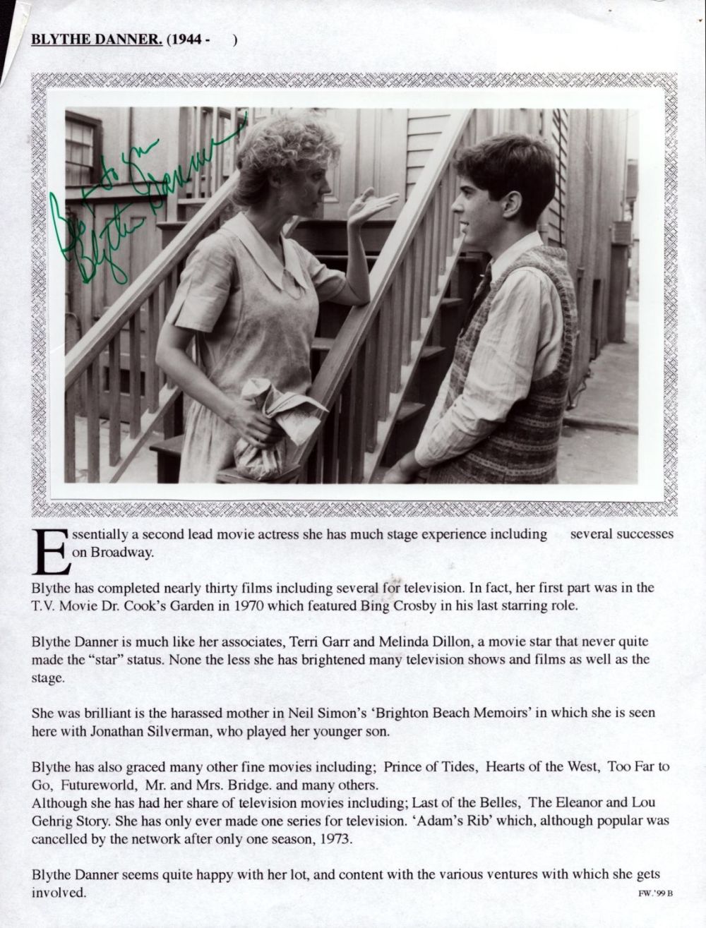 Lot 427: Blythe Danner signed 8x6inch black and white photo...