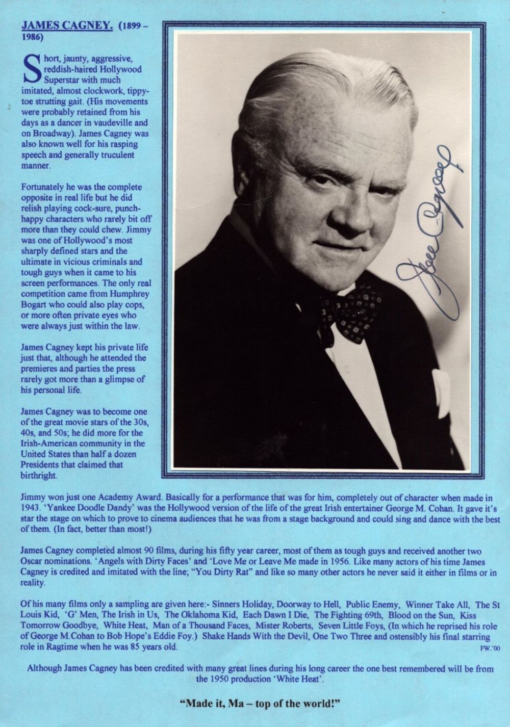 Lot 433: James Cagney signed 7x5inch black and white photo...