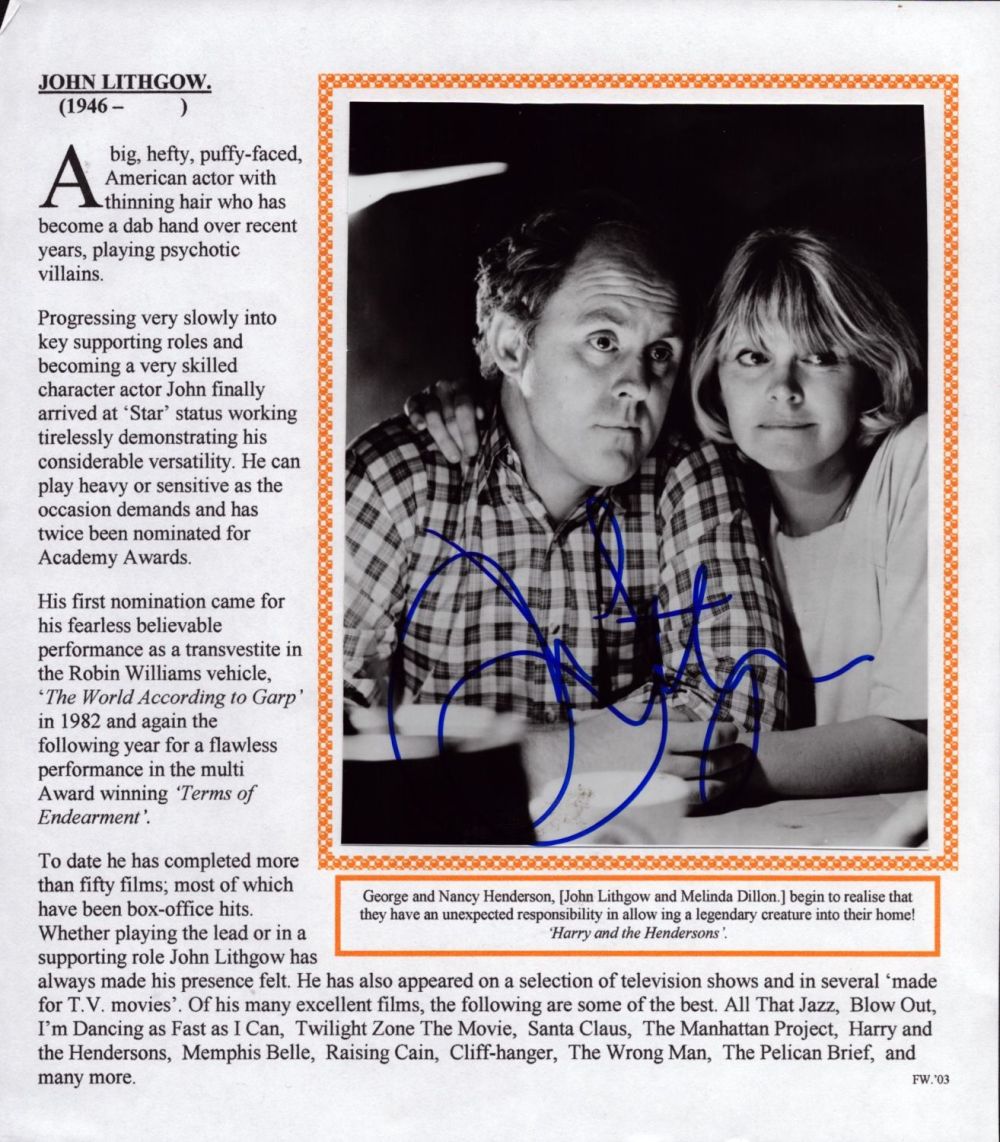 Lot 437: John Lithgow signed 7x5inch black and white photo....