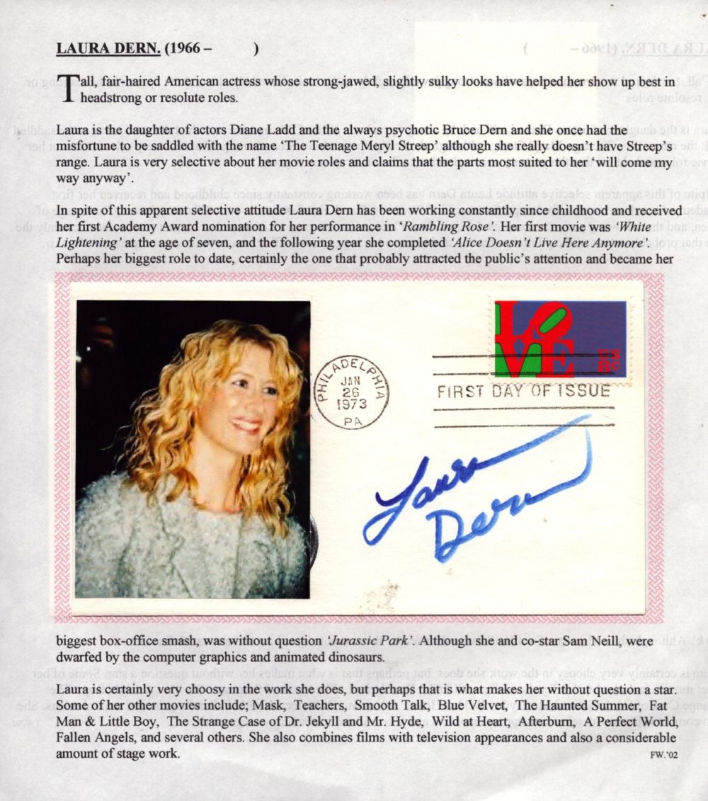 Lot 441: Laura Dern signed FDC stuck to bio sheet....