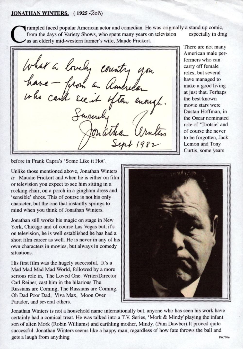 Lot 442: Jonathan Winters handwritten note stuck to bio page....