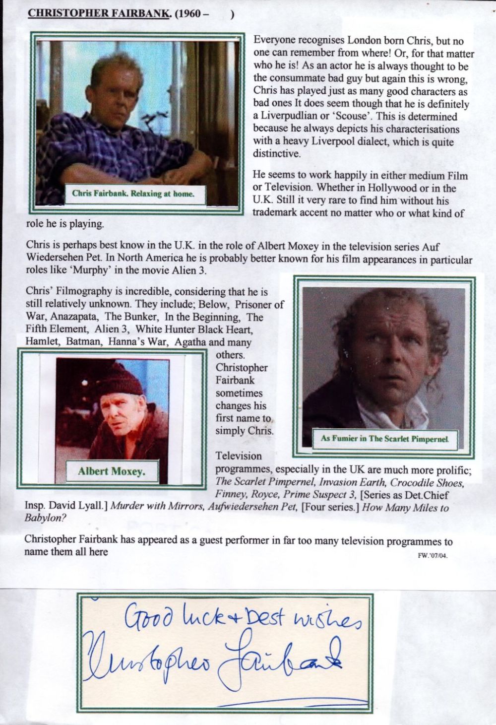 Lot 443: Christopher Fairbank signed card inserted into bio page....