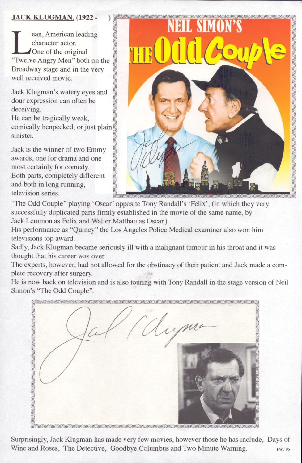 Lot 445: Jack Klugman signed white card inserted into bio...