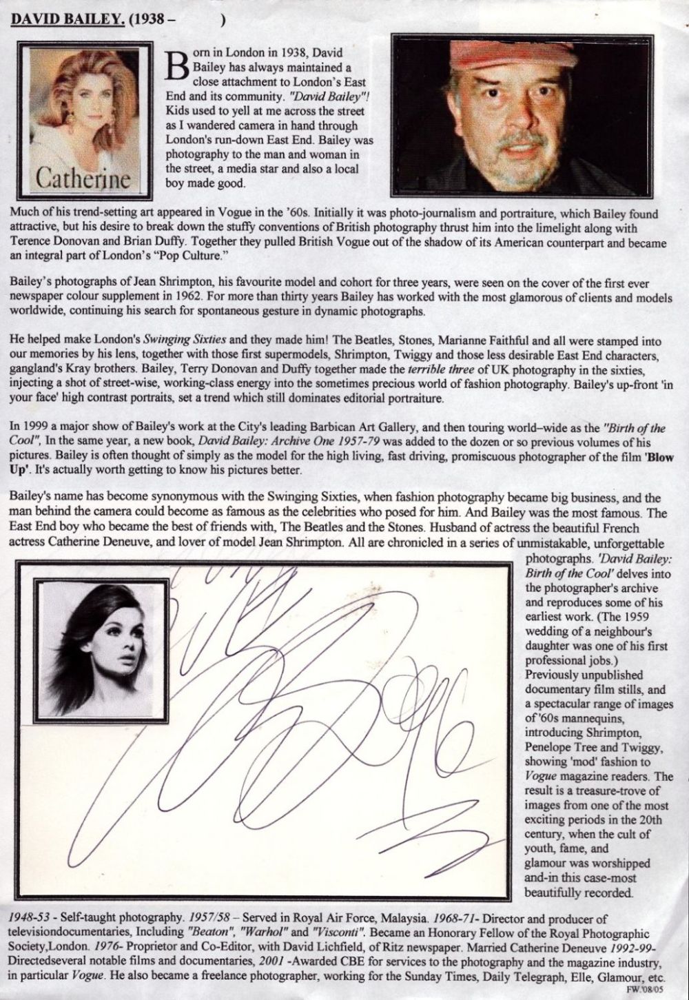 Lot 447: David Bailey signed card stuck to bio sheet....