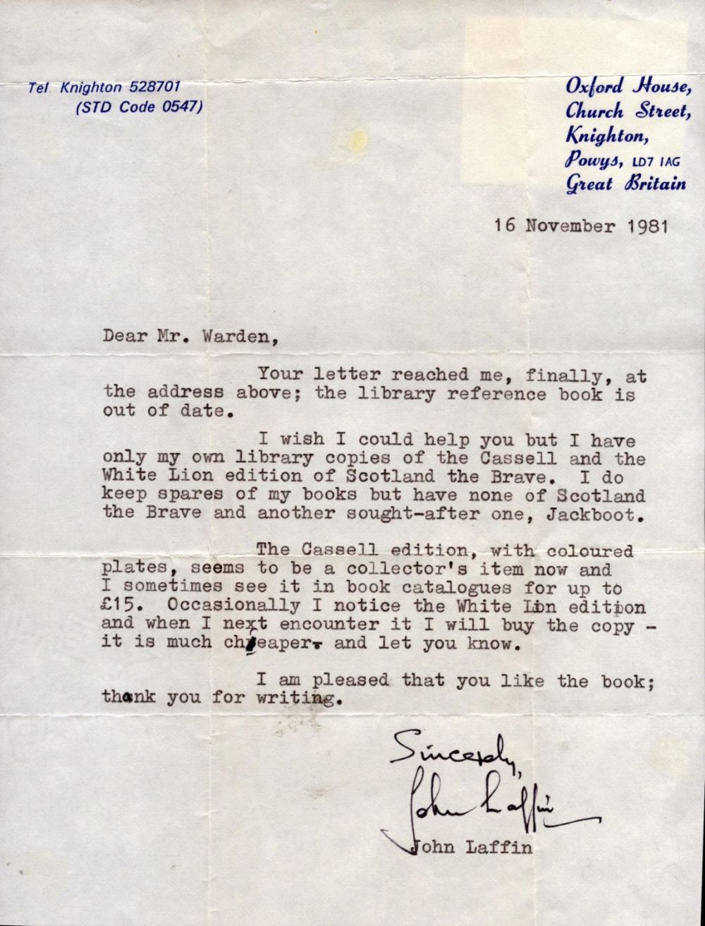 Lot 448: John Laffin TLS dated 16/11/1981. Good condition Est.