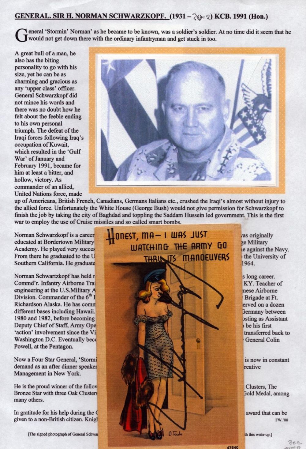 Lot 451: Norman Schwarzkopf signed vintage colour postcard. Good condition...