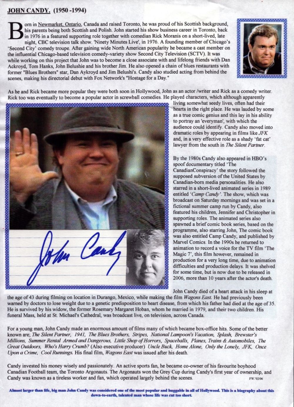 Lot 453: John Candy signature piece inserted into bio page....