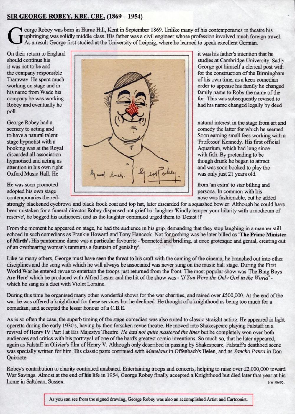 Lot 457: George Robey signature piece stuck to bio page....