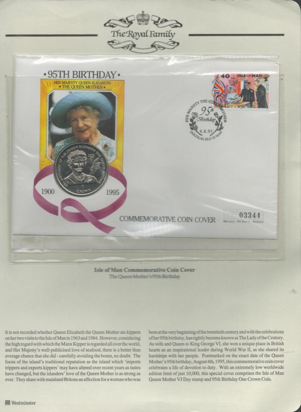 Lot 498: Queen Mothers 95th Birthday coin cover. Complete with...