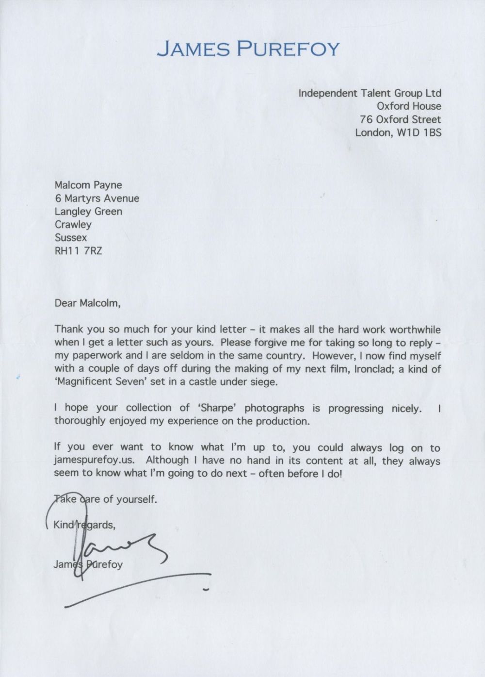 Lot 513: James Purefoy TLS. Good condition Est.