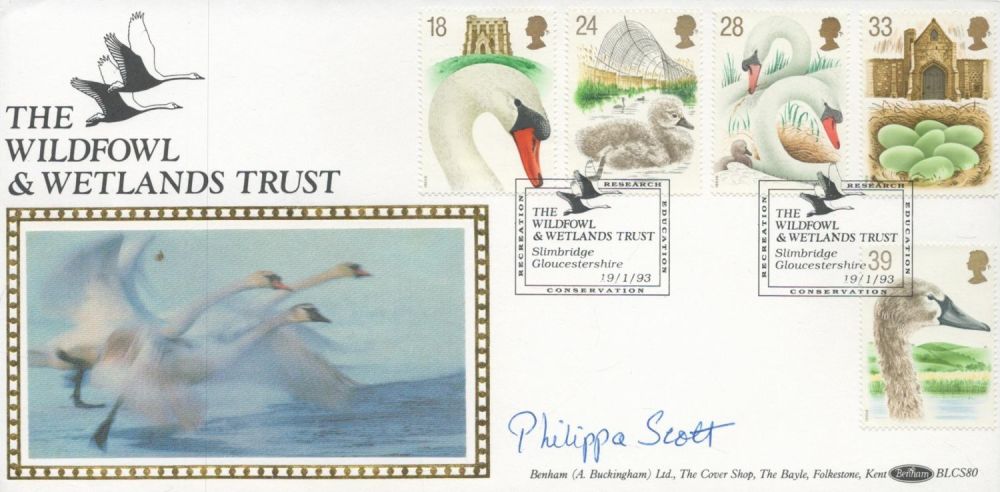 Lot 576: Philippa Scott signed Wildfowl and Wetlands Trust FDC....