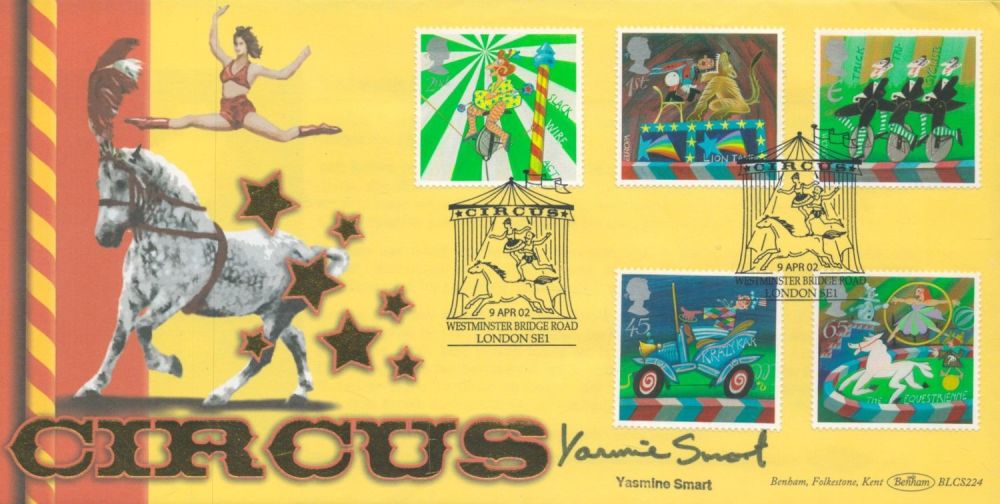 Lot 588: Yasmine Smart signed Circus FDC. 9/4/02 London SE1...