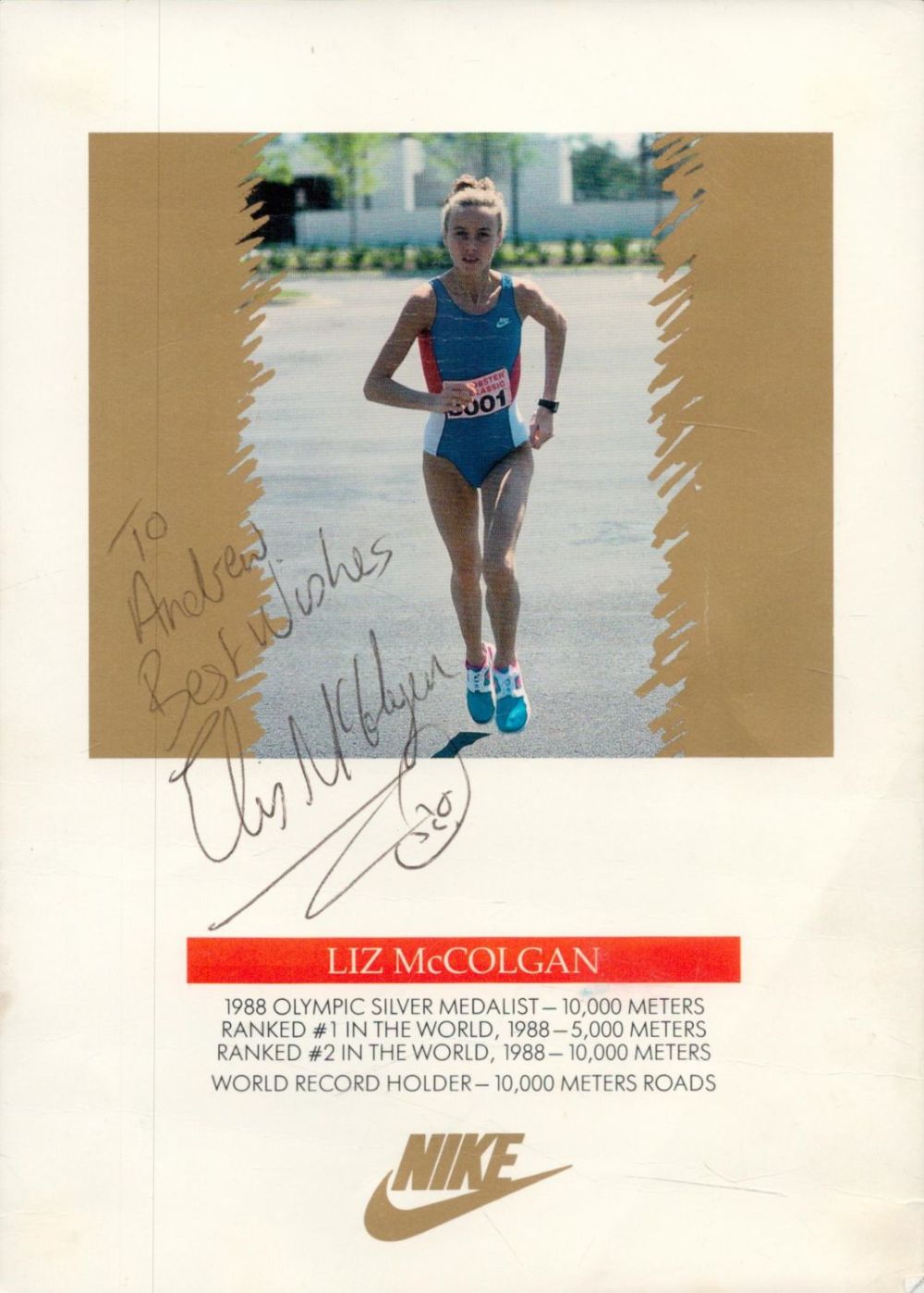 Lot 698: Liz McColgan signed 7x5 inch Nike colour promo...