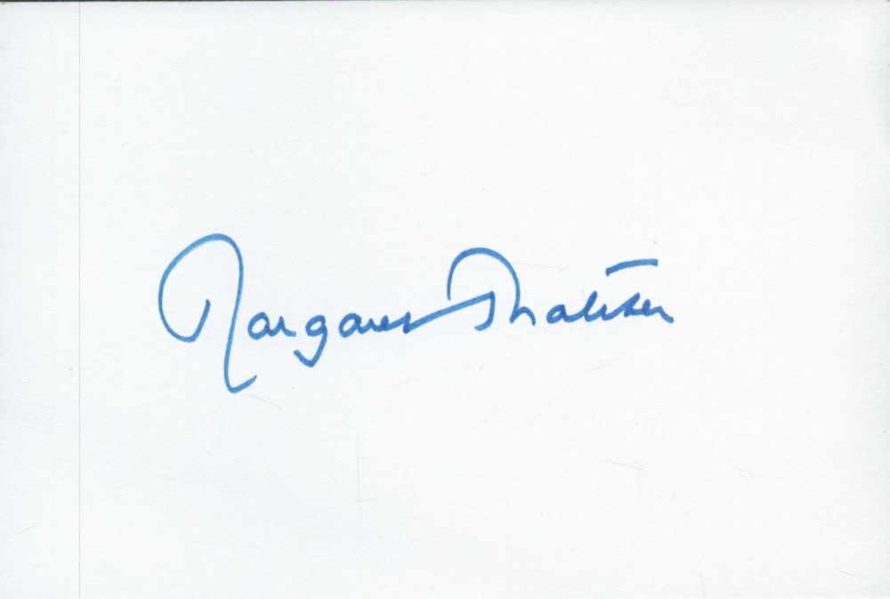 Lot 724: Margeret Thatcher signed 6x4 inch white card. Good...